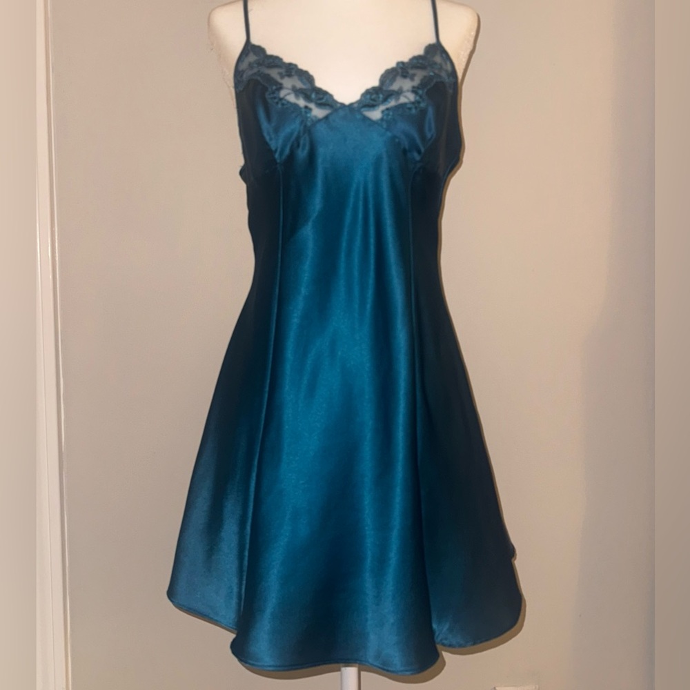 Victoria's Secret Teal Satin Chemise with Lace
